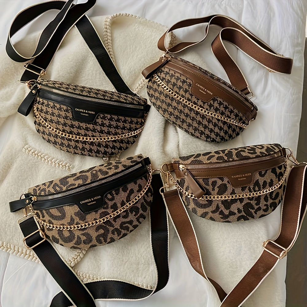 Chic Leopard & Plaid Print Canvas Crossbody Bag with Adjustable Strap - Vintage-Inspired, Zip Closure, Women's Fashion Accessory in Deep Brown/Black, for Autumn, Spring
