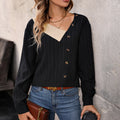 Top donna a maniche lunghe con scollo a V e patchwork, con fibbia, marca Valstrend, tessuto morbido e stile casual.
