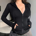 Zip-up Hoodie Skinny Jacket, Casual Solid Color Long Sleeve Slant Pockets Drawstring Jacket For Spring & Fall, Women's Clothing