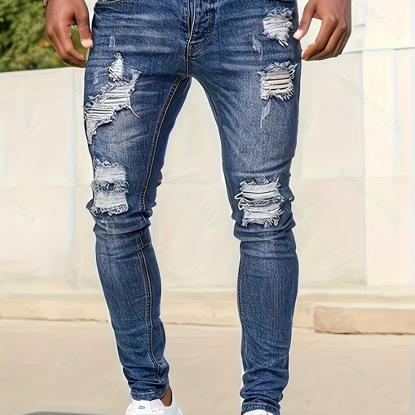 Men's Slim-Fit Stretch Denim Jeans with Distressed Ripped Detail - Versatile Blue, All-Season Wear