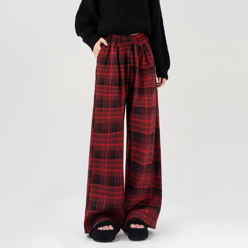 Retro Hong Kong Style Red Plaid Straight Casual Pants