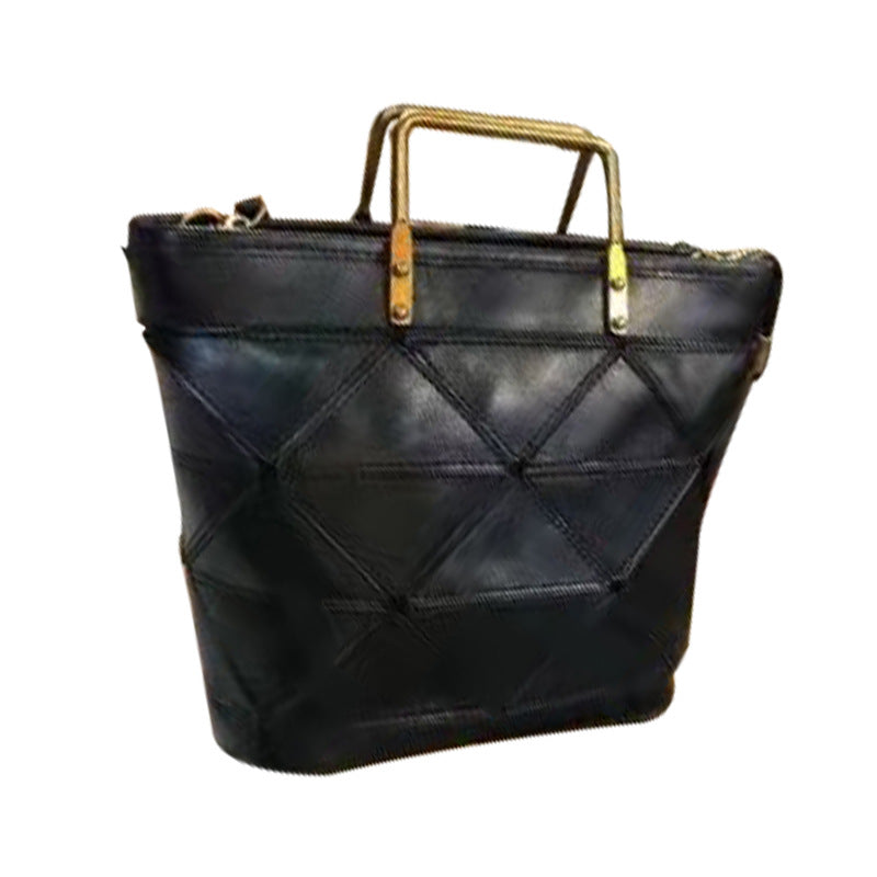 Borsa donna Valstrend in pelle bovina con motivo geometrico cucito, perfetta per lavoro e tempo libero, stile elegante e pratico.