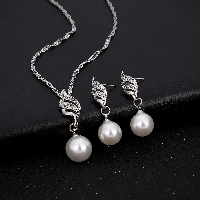 Set di collana e orecchini con perle e diamanti, modello a linee ondulate, accessori da sposa in stile Europa e USA, Valstrend.