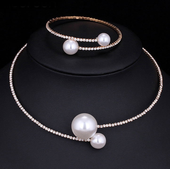 Collana e bracciale da sposa Valstrend in cristalli, perle e diamanti, accessori nuziali eleganti e regolabili in set da due pezzi