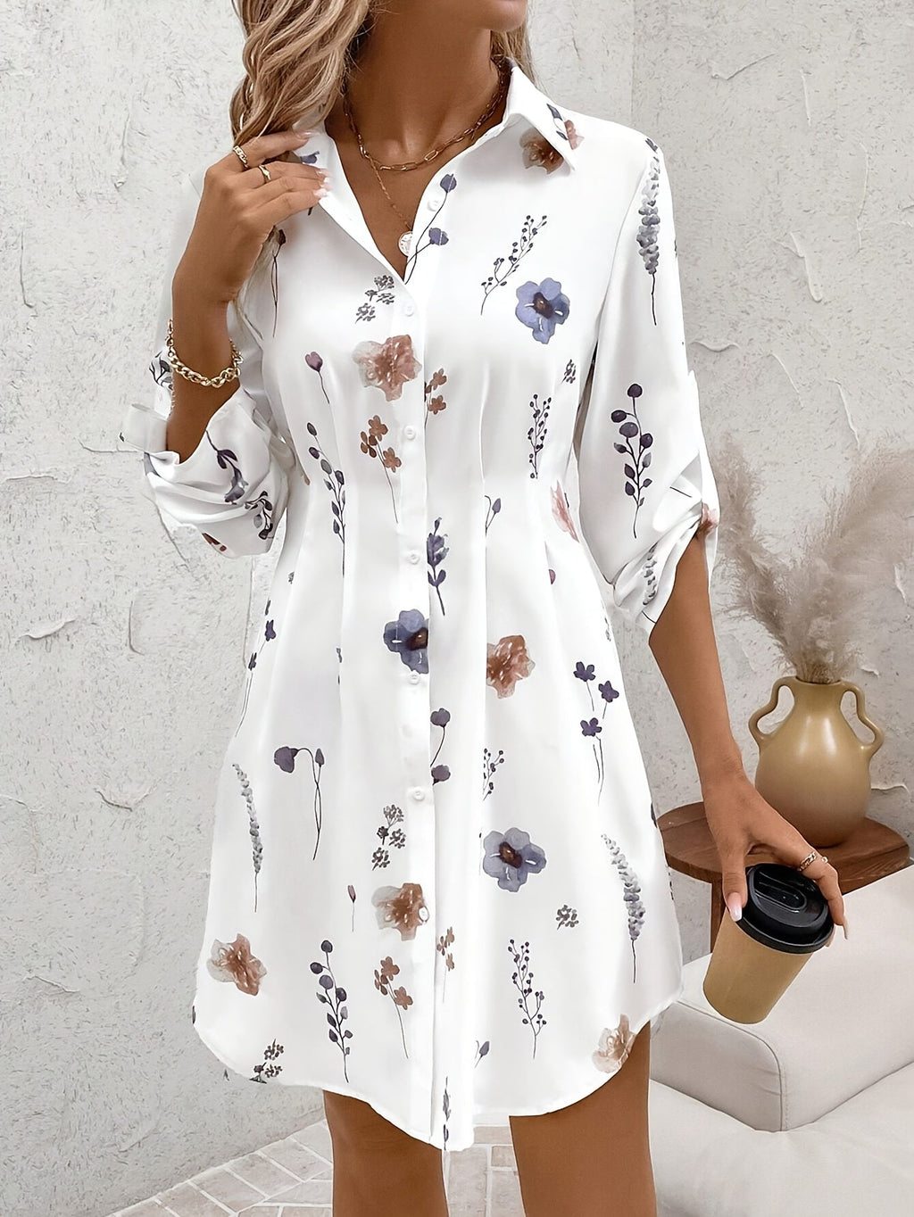 Vestito con stampa floreale Valstrend, donna, maniche lunghe, chiusura a bottoni, tessuto leggero in poliestere, casual e formale