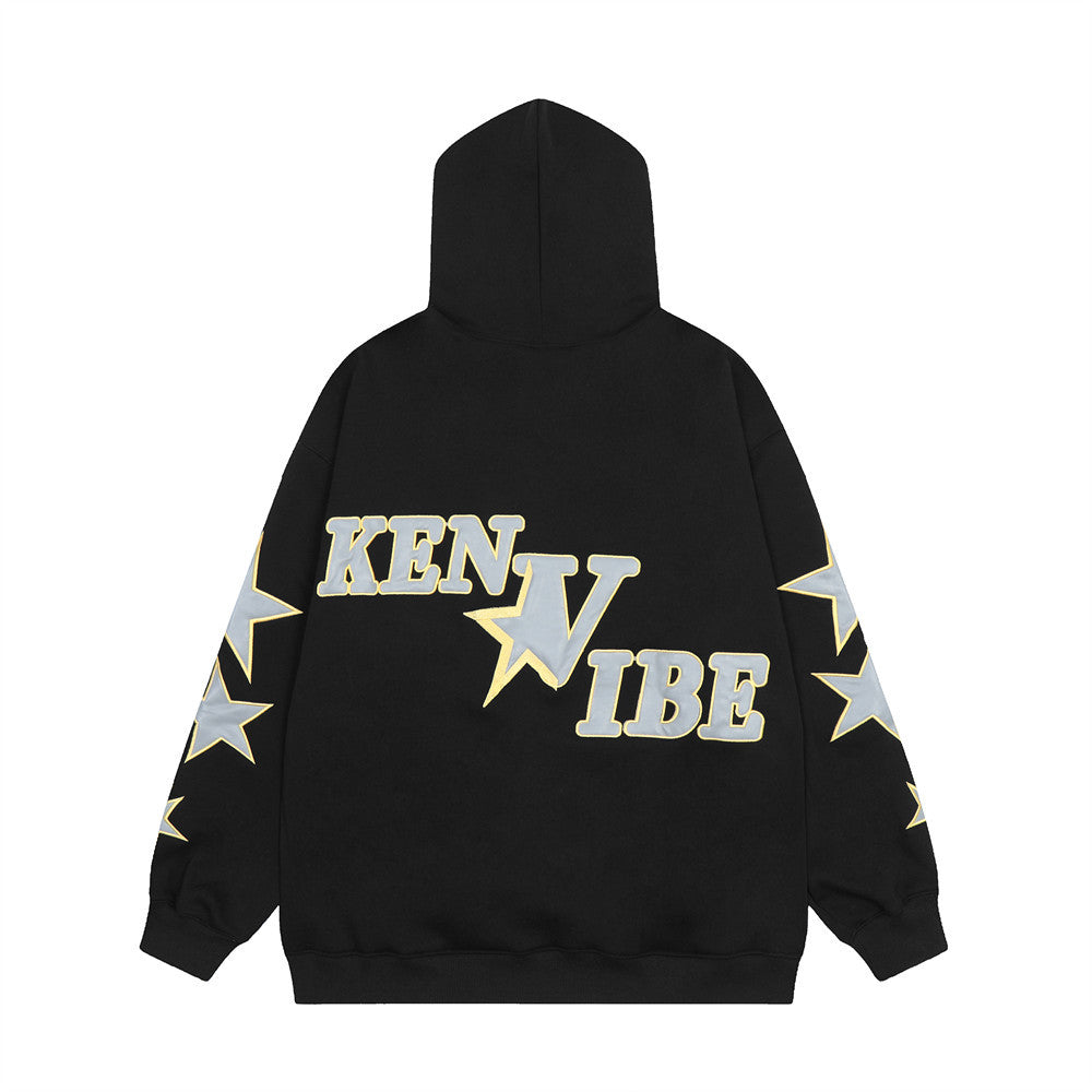Men's Autumn And Winter High Street Fashion Design Five-pointed Star Fleece-lined Pullover