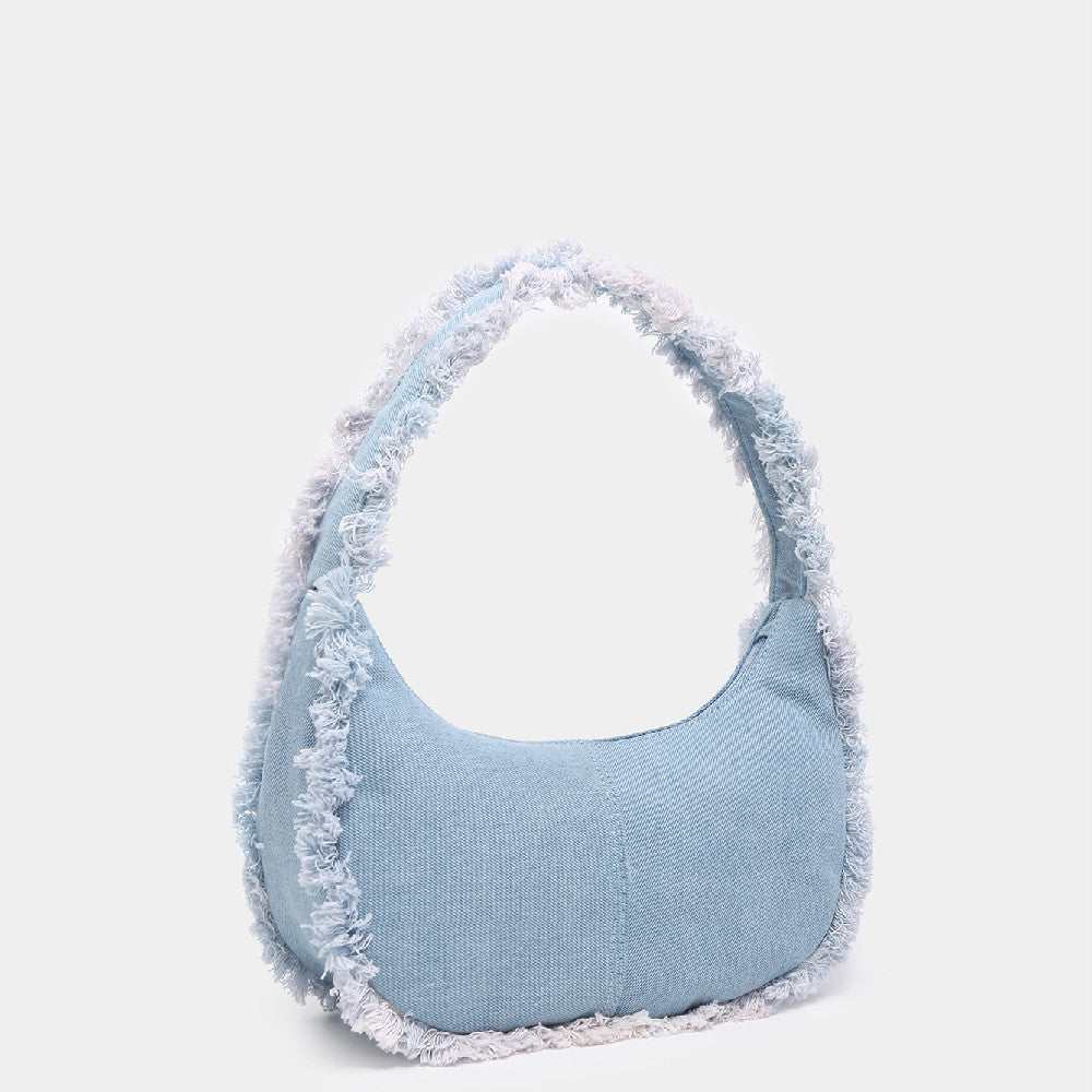 Borsa donna in jeans casual a spalla Valstrend, con dettagli in tessuto denim e tracolla regolabile, vista frontale.