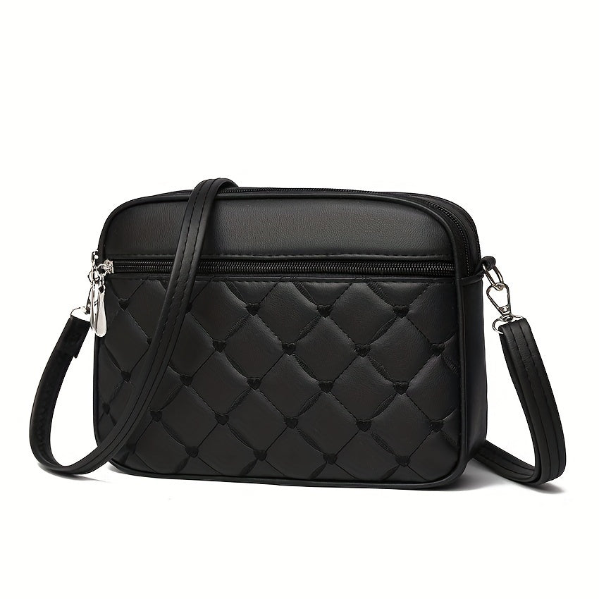 Minimalist Geometric Embroidered Heart Women's Crossbody Bag with Multi-Layer Zipper, Large Capacity, Detachable & Adjustable Shoulder Strap - Lightweight PU Black, Polyester Lined