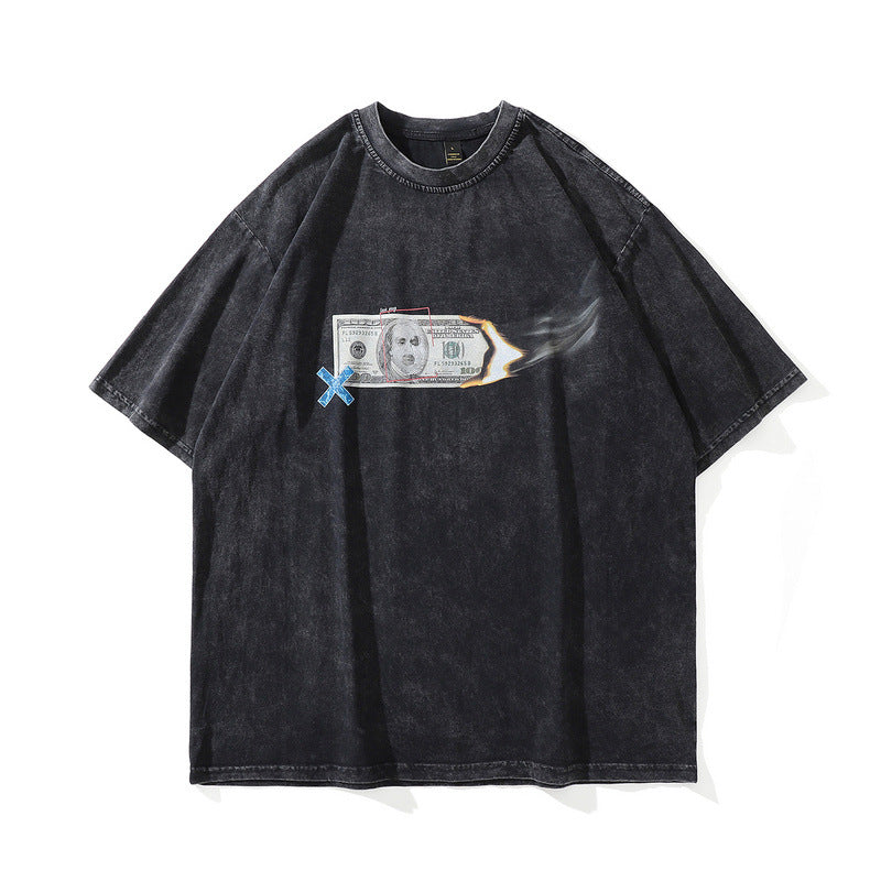 Maglietta da uomo Valstrend con look usurato e effetto washed-out, manica corta e stampa di ritratto in stile casual e vintage.