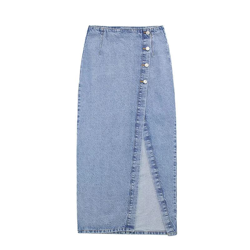 Gonna in denim a vita alta a linea A con spacco, gonna estiva di moda femminile Valstrend.