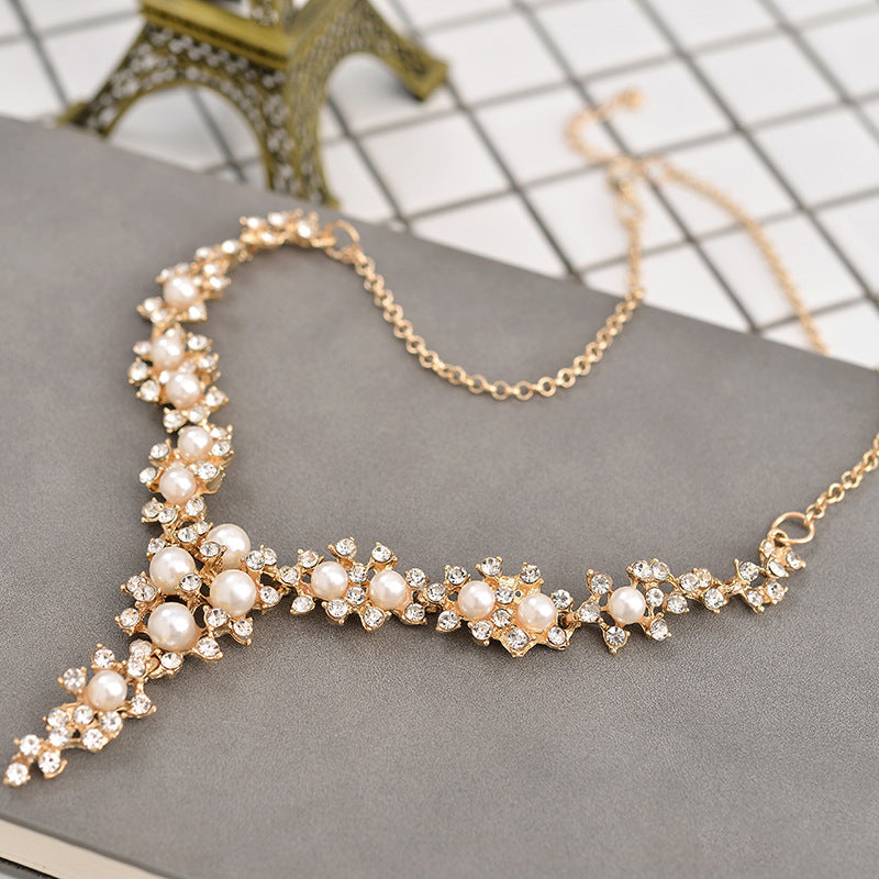 Collana e orecchini da sposa in lega, pietre di diamante e perle, gioielli esplosivi antideflagranti, stile giapponese e coreano.