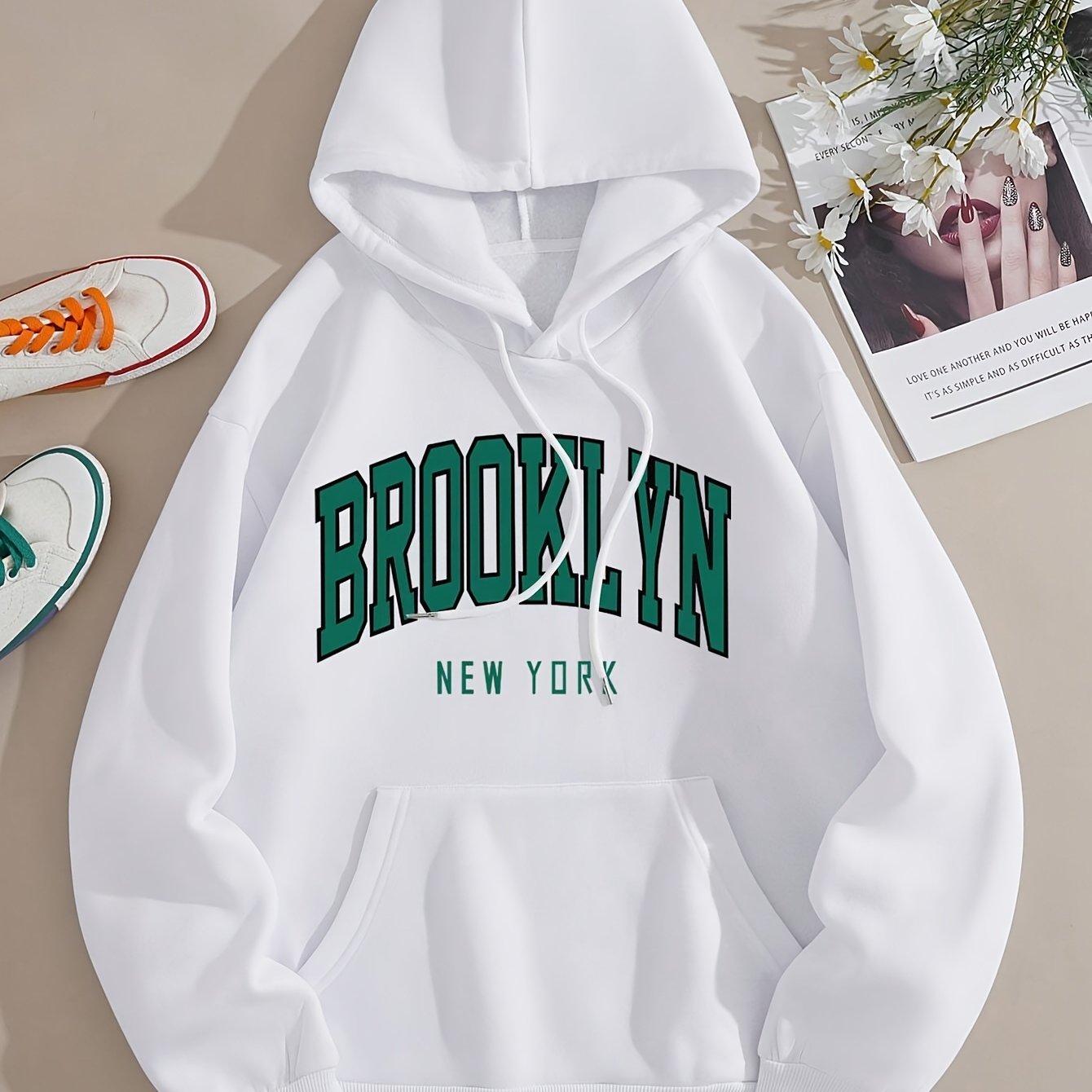 Brooklyn Print Pullover Hoodie, Casual Style, Kangaroo Pocket, Loose Fit, Fleece Lined Sweatshirt For Fall Winter