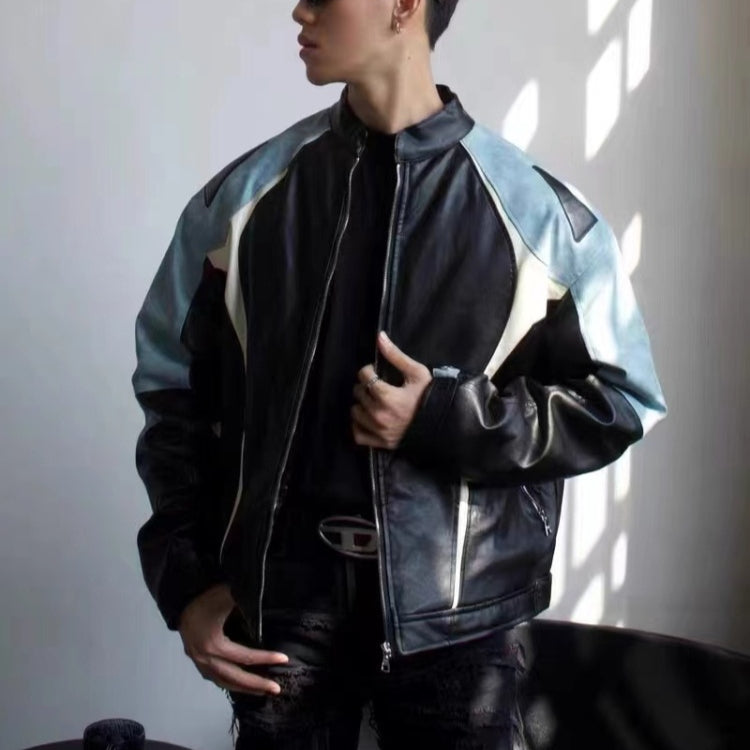 Giacca in pelle per motociclisti antivento da uomo Valstrend, dettaglio in pelle nera con zip e colletto.