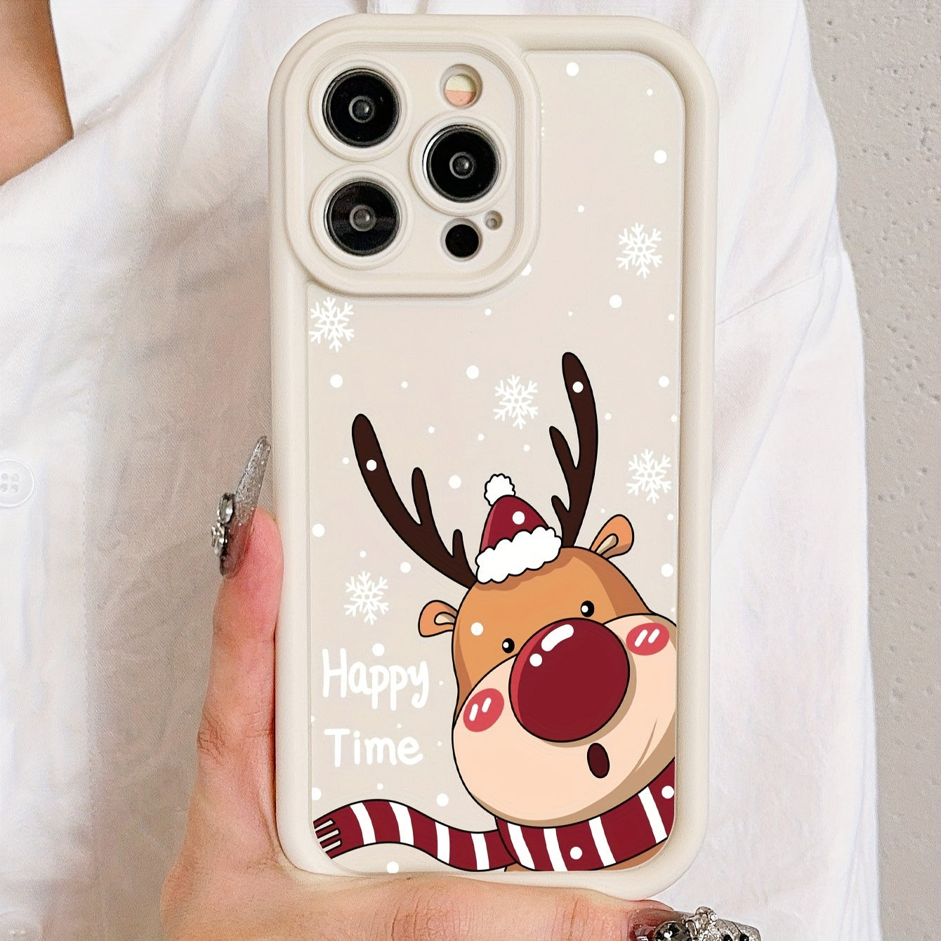 Custodia protettiva in bambù bianco con renna natalizia per iPhone 7-16 PRO e Plus, design stampato in stile festivo.