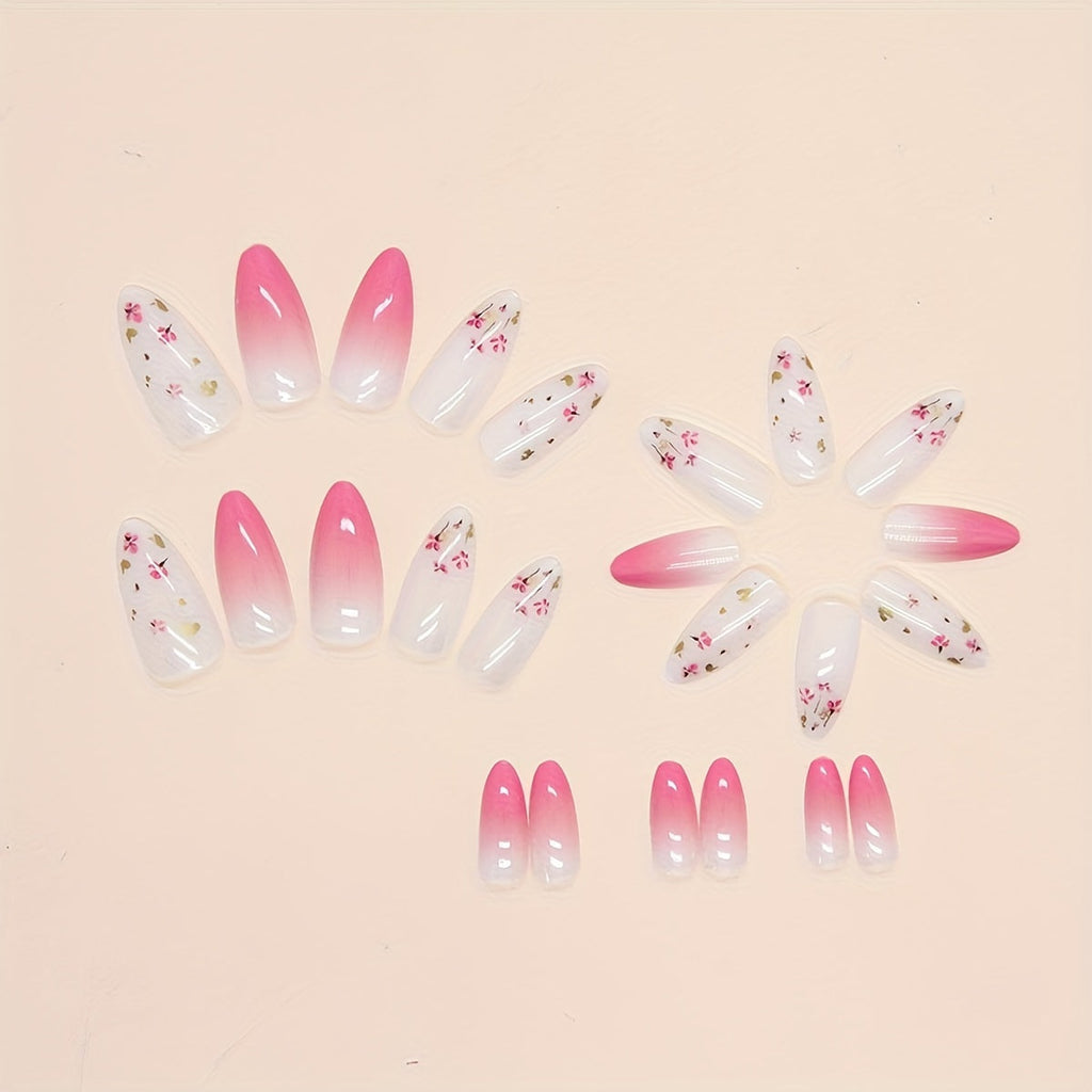 Set di 24 unghie finte a mandorla rosa sfumata con design floreale, adesivo jelly e finitura lucida, per donne e ragazze.