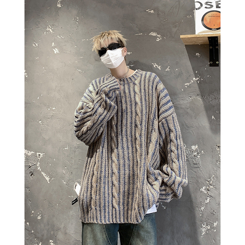Striped Retro American Loose Round Neck Sweater
