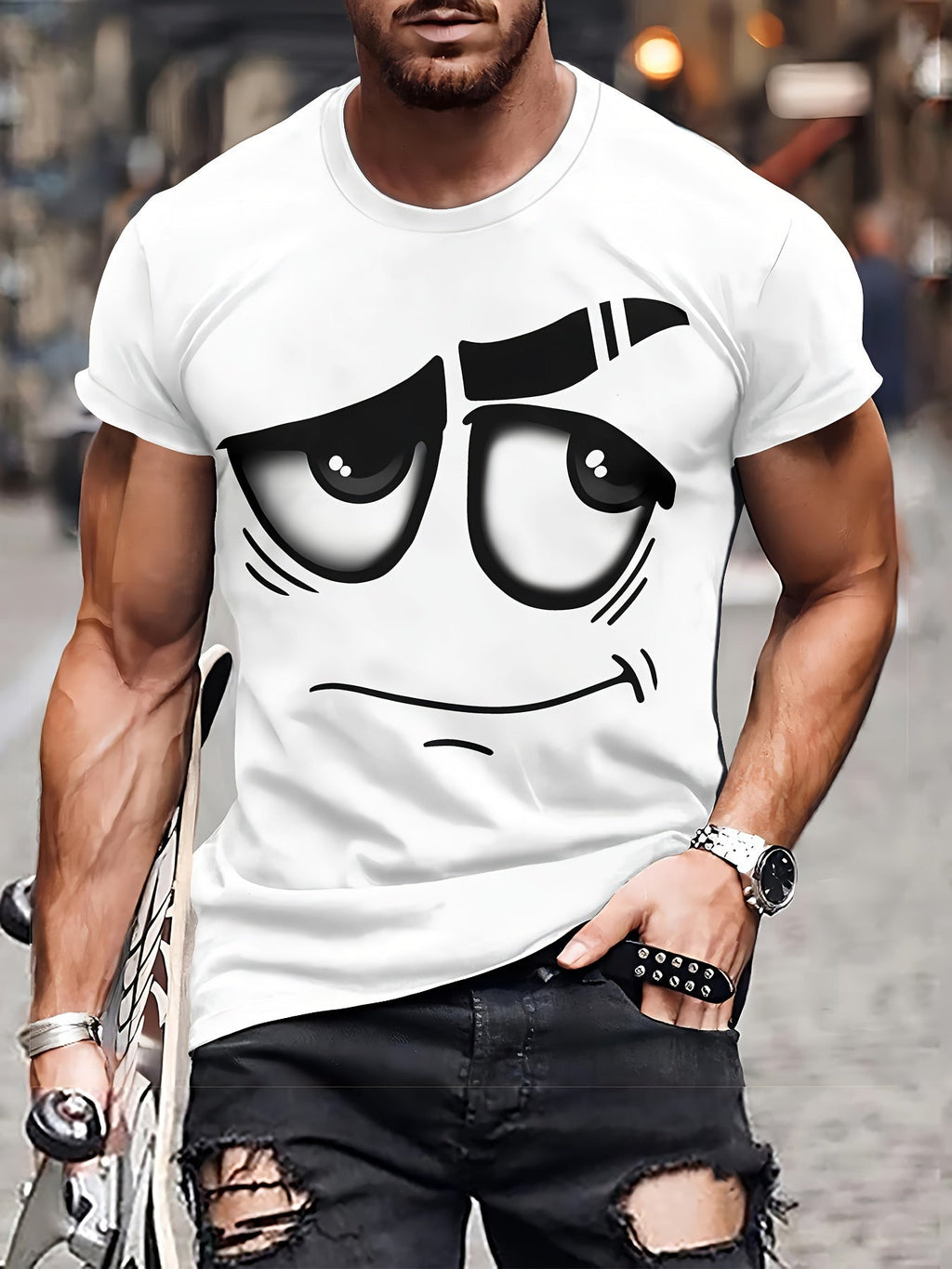 Maglietta casual da uomo Valstrend con grafica 3D, tessuto in poliestere, collo rotondo, lavabile in lavatrice.