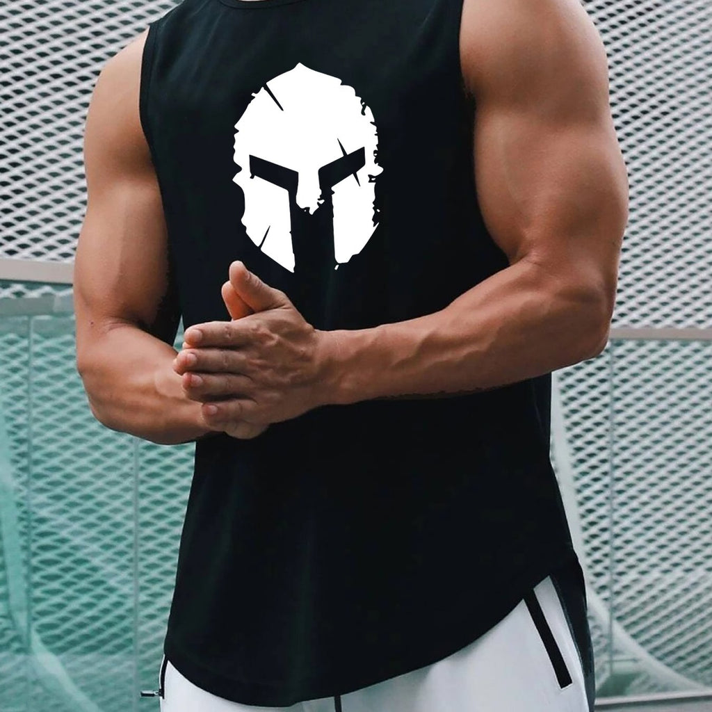 Helmet Print Casual Slightly Stretch Round Neck Tank Top, Men's Tank Top For Summer Outdoor Gym Workout