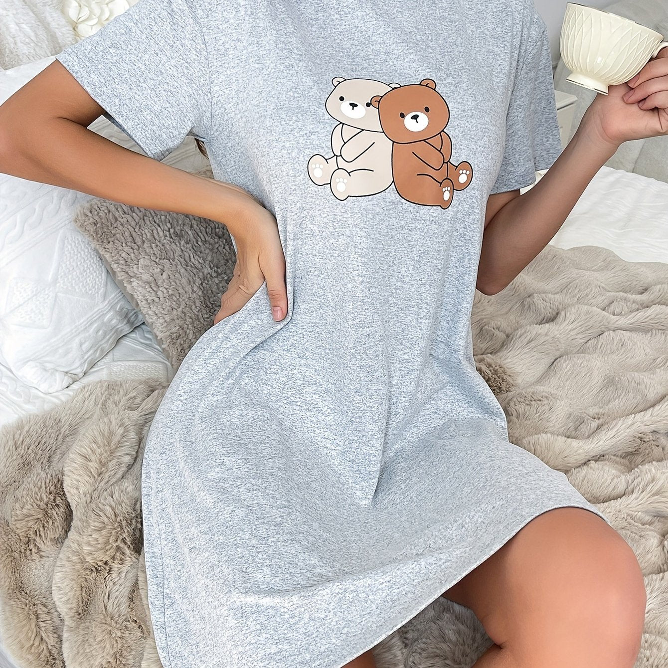 Bear Print Crew Neck Tee Dress, Casual Half Sleeve Dress For Spring & Summer, Women's Clothing