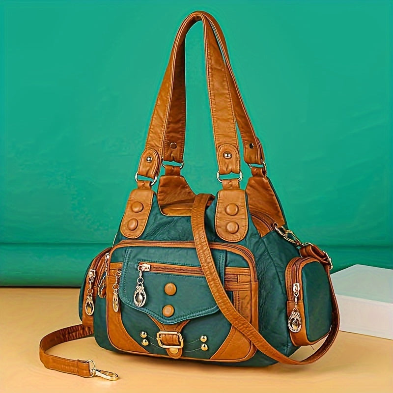 Borsa tote in stile vintage Valstrend con tracolla regolabile, fodera in poliestere e chiusura con zip, vista frontale.