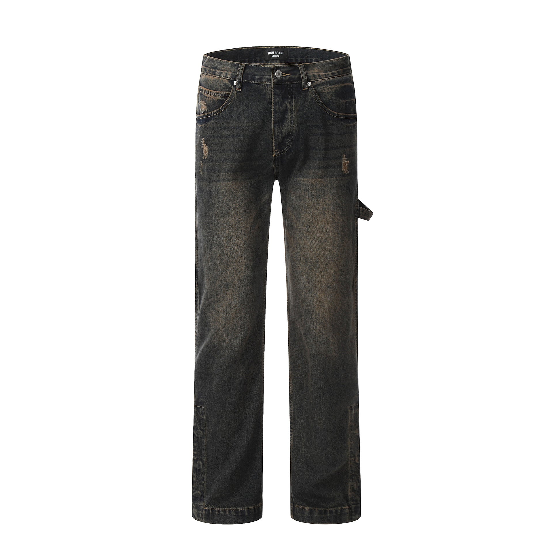 Salopette in jeans Valstrend shop American Retro Heavy Washed con effetto sporco e tintura mud, dettagli di stile vintage.