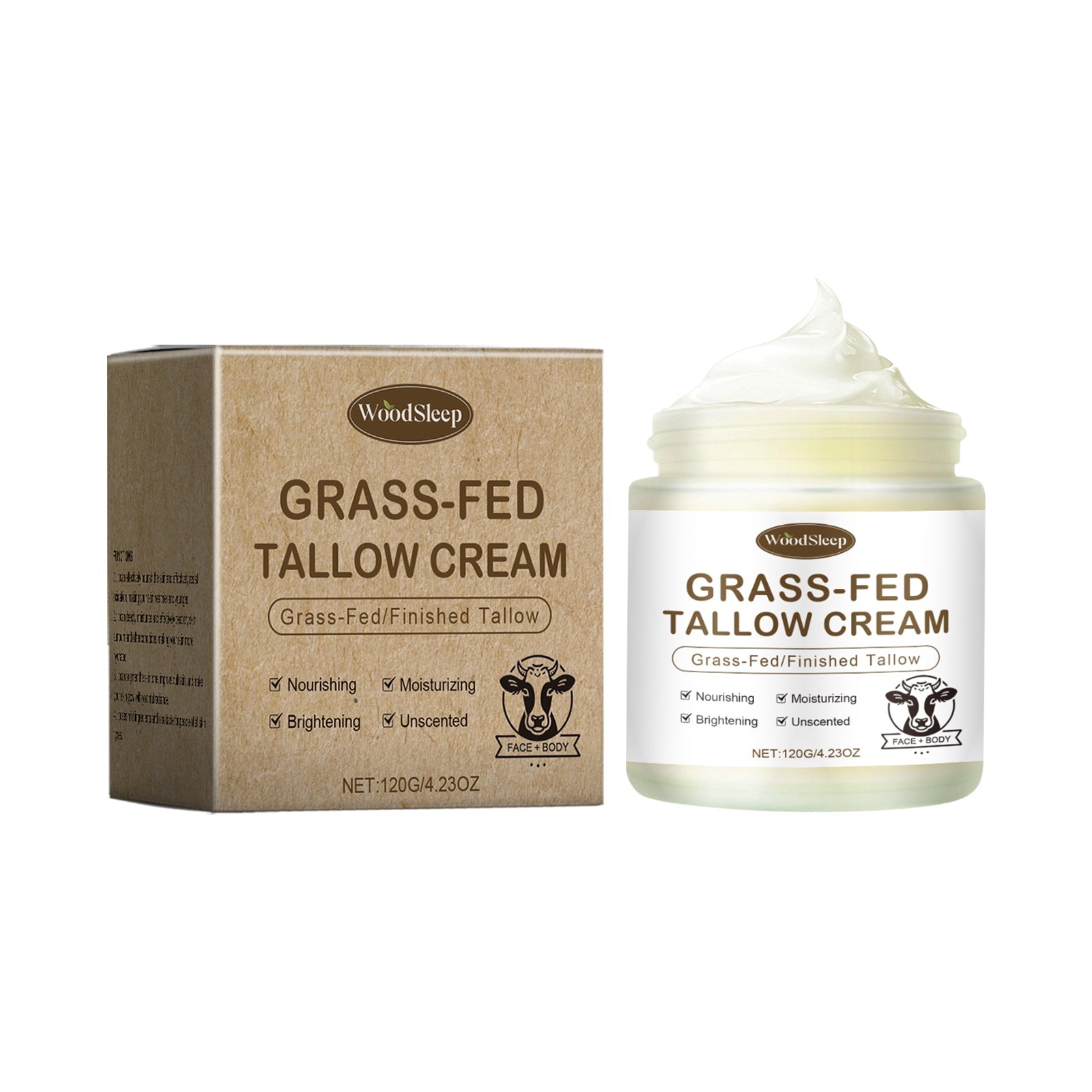 Crema al Tallow di manzo alimentato con erba Valstrend, vaso bianco con etichetta, crema idratante viso e corpo naturale