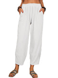 Pantaloni casual donna in cotone e lino di colore solido, vestibilità comoda e ampia, ideali per casa e relax.