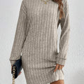 Solid Color Turtle Neck Dress, Elegant Textured Knit Long Sleeve Dress For Spring & Fall, Women's Clothing