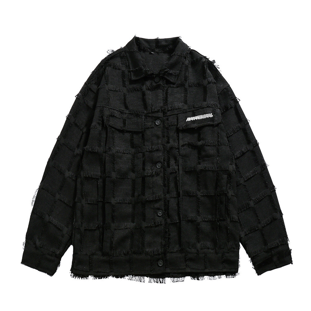 Giacca jacquard a tinta unita con nappe colorate, stile street dark, marca Valstrend Shop, tessuto ricco e dettagli eleganti.