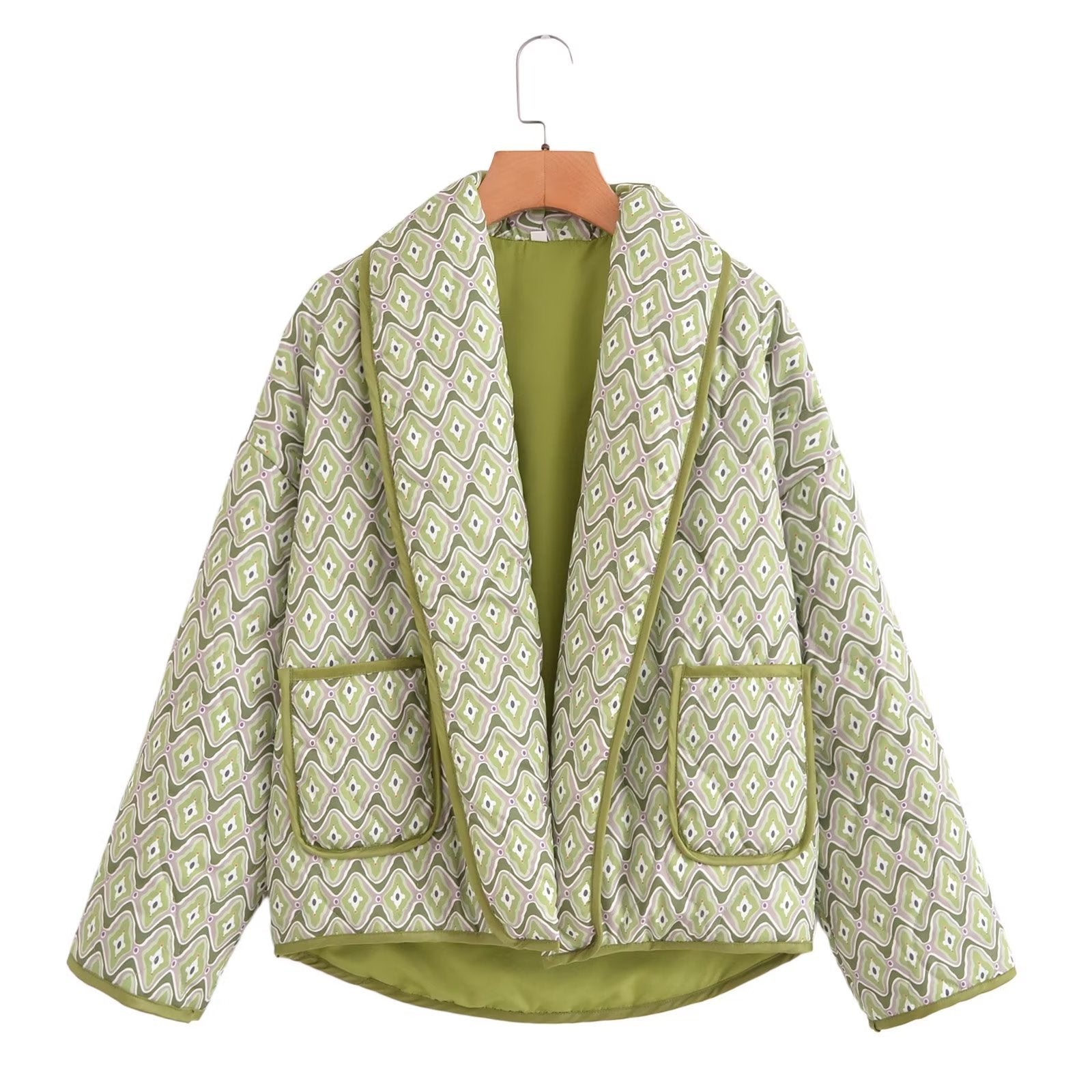Women's Loose V-neck Printed Flared Sleeve Cardigan Cotton-padded Coat