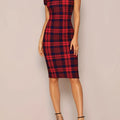 Plaid Pattern Mock Neck Dress, Elegant Long Sleeve Bodycon Dress, Women's Clothing