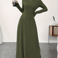 Solid Color Turtle Neck Ribbed Dress, Elegant Long Sleeve Flared Maxi Dress For Spring & Fall, Women's Clothing
