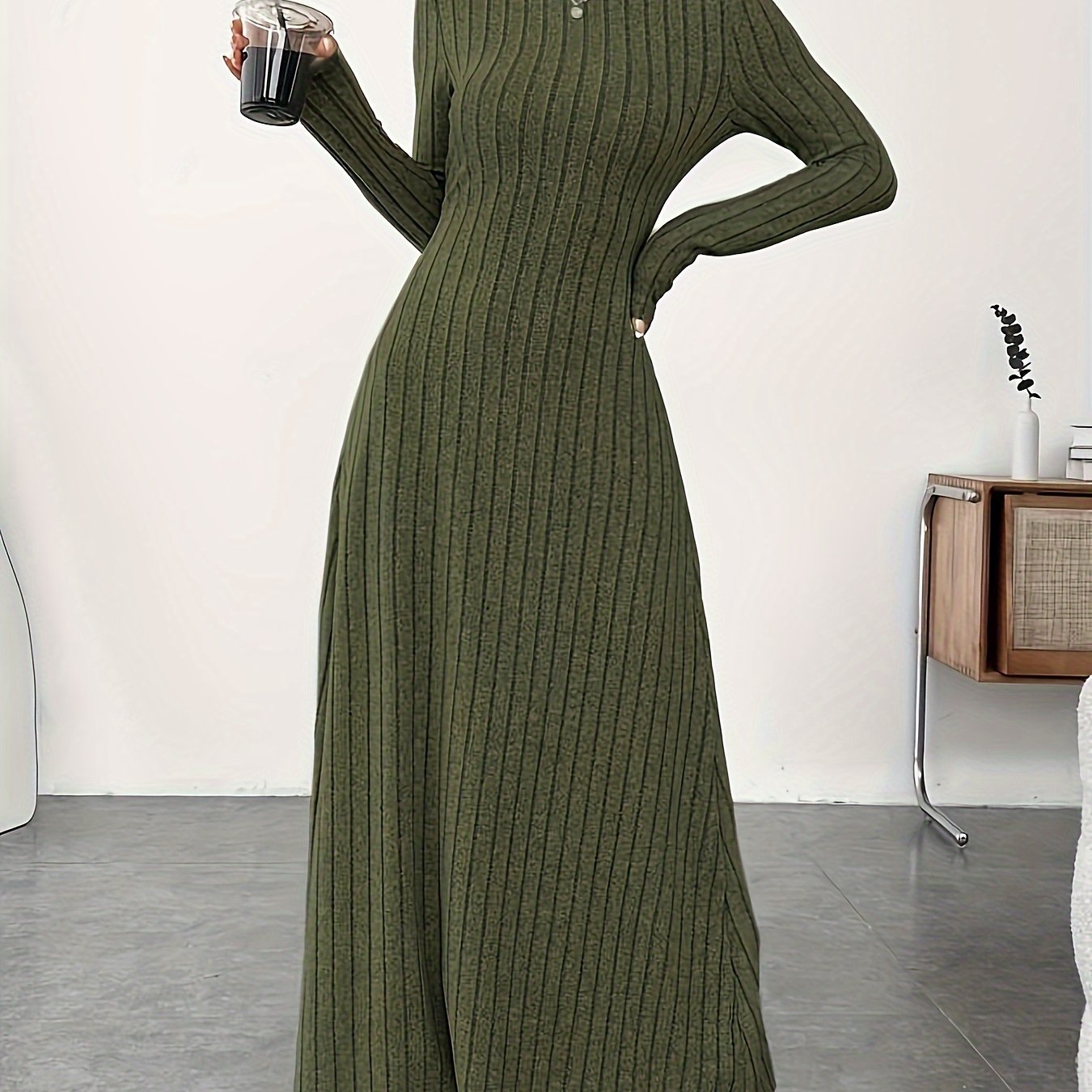 Solid Color Turtle Neck Ribbed Dress, Elegant Long Sleeve Flared Maxi Dress For Spring & Fall, Women's Clothing