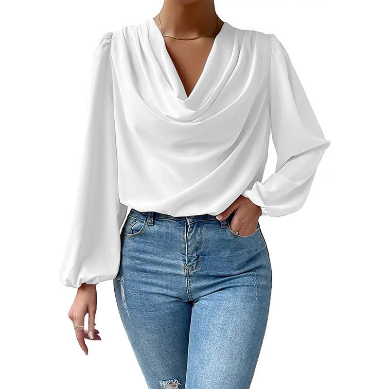 Camicia estiva in chiffon larga con maniche lunghe e scollo a V, stile europeo e americano, di Valstrend shop.