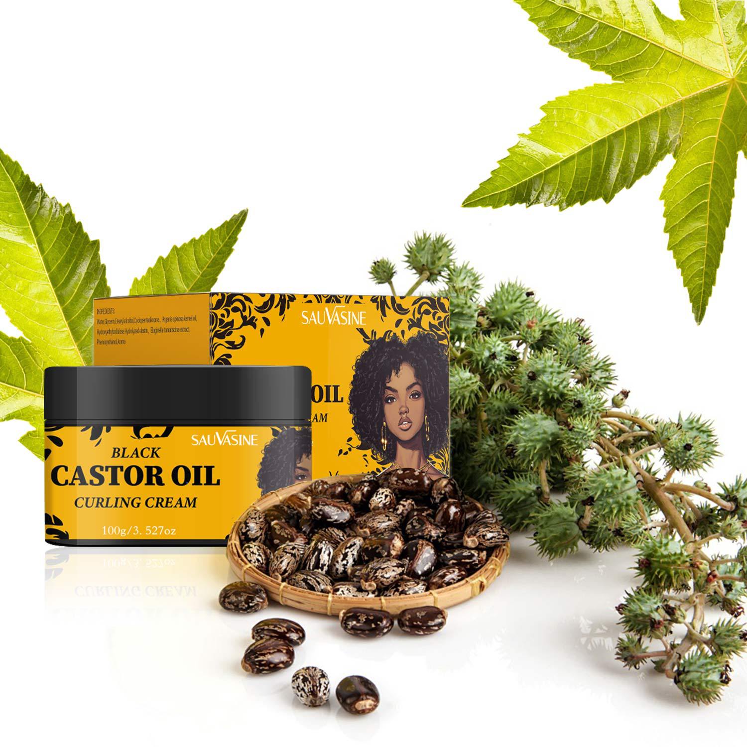 Crema nutriente Valstrend Shop per capelli ricci con olio di ricino nero, mostra capelli ricci e lucidi in un flacone.
