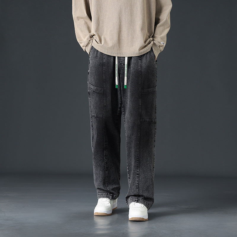 Jeans uomo hip hop a gamba larga modello daddy Valstrend shop, denim blu con vita alta e tasche frontali.