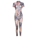 Completino jumpsuit da donna Valstrend in mesh trasparente con stampa floreale e schiena scoperta, aderente e elegante.