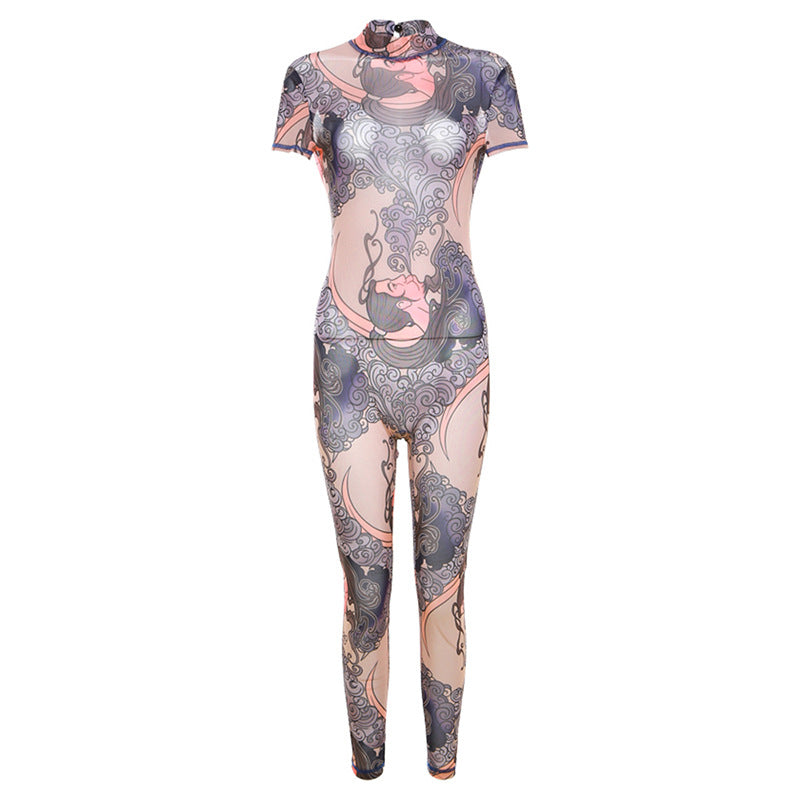 Completino jumpsuit da donna Valstrend in mesh trasparente con stampa floreale e schiena scoperta, aderente e elegante.