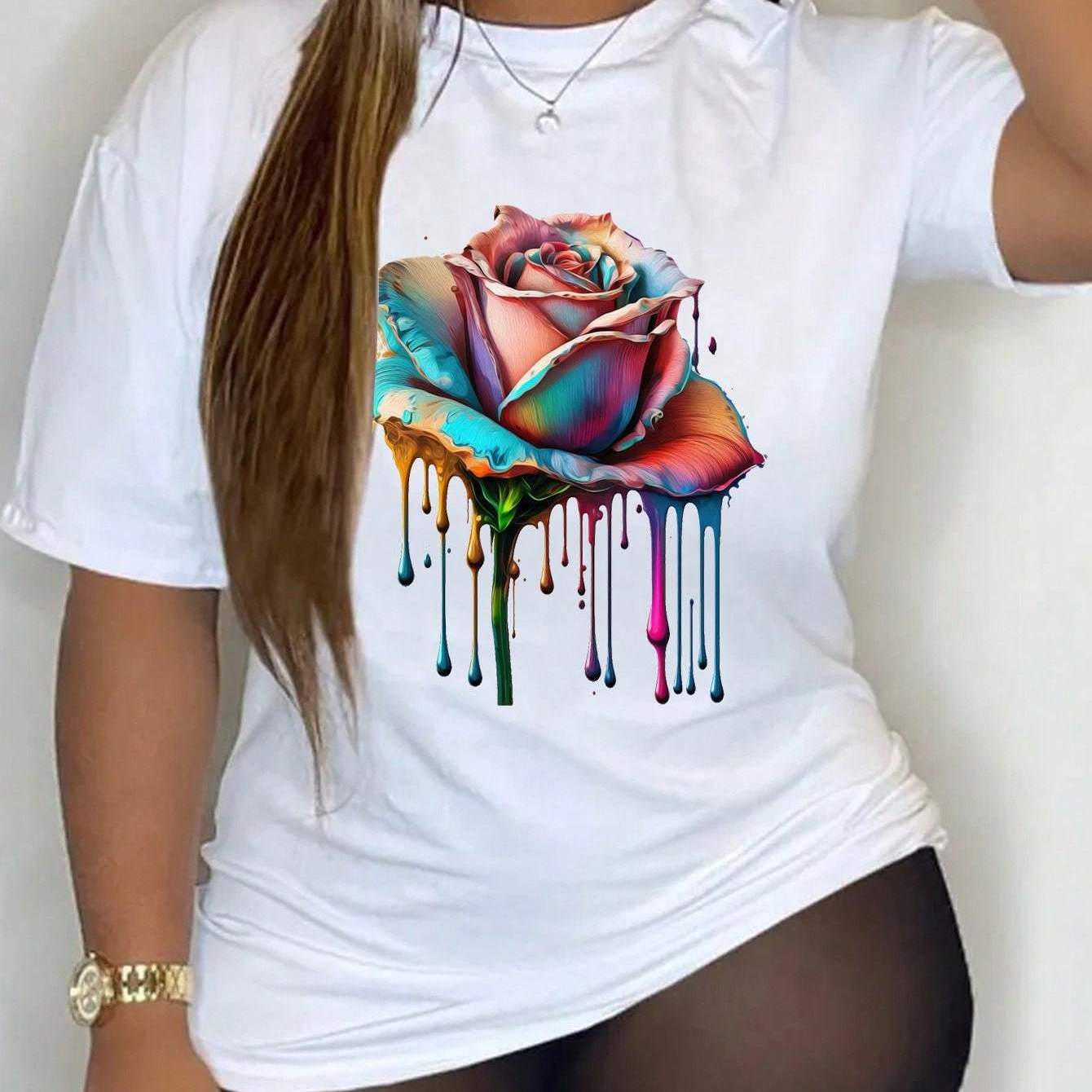Maglietta casual da donna Valstrend in poliestere con stampa floreale vintage, collo rotondo, tessuto a maglia, vestibilità regolare.