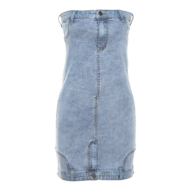 Top corto in denim stile europeo e americano con cintura, abbinato a una borsa a tracolla slim e sexy, vestito da Valstrend shop
