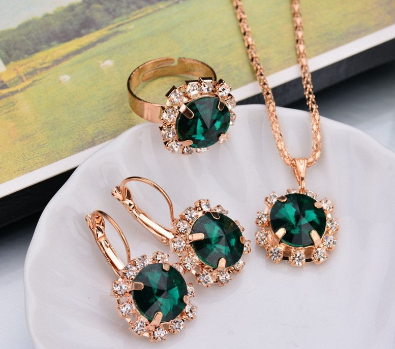 Set di gioielli Valstrend con collana, orecchini e anello rotondi con cristalli, stile moda Europa e America, gioielli alla moda.