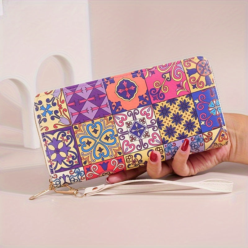 Portafoglio donna Valstrend in faux pelle con stampa, tasche multiple, zip, tracolla, rivestimento in poliestere e facile da pulire.