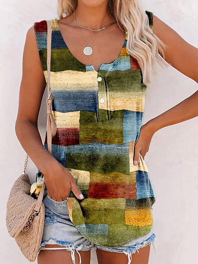 Canottiera Valstrend con righe stampate, bottoni e scollo a V, vestibilità ampia e casual, ideale per look estivi.