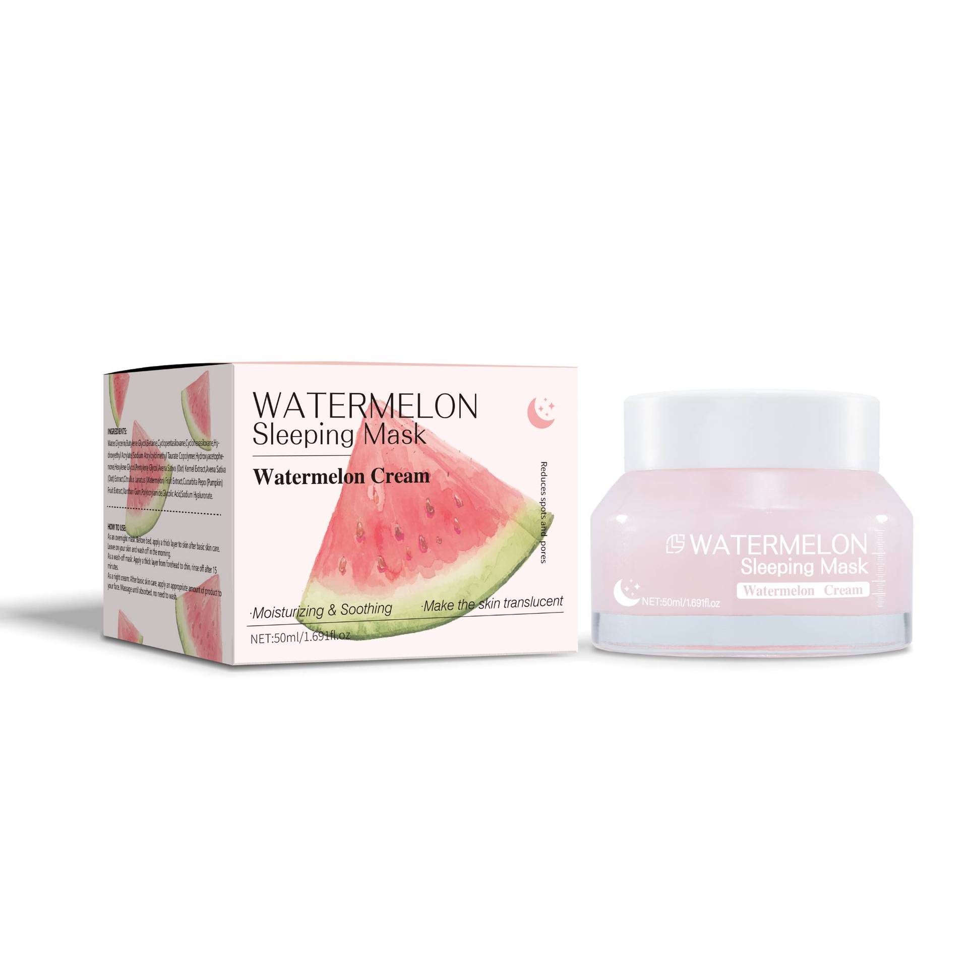 Maschera notte all'acqua di anguria Valstrend con 50ml di prodotto, mostra il packaging e il contenuto idratante.