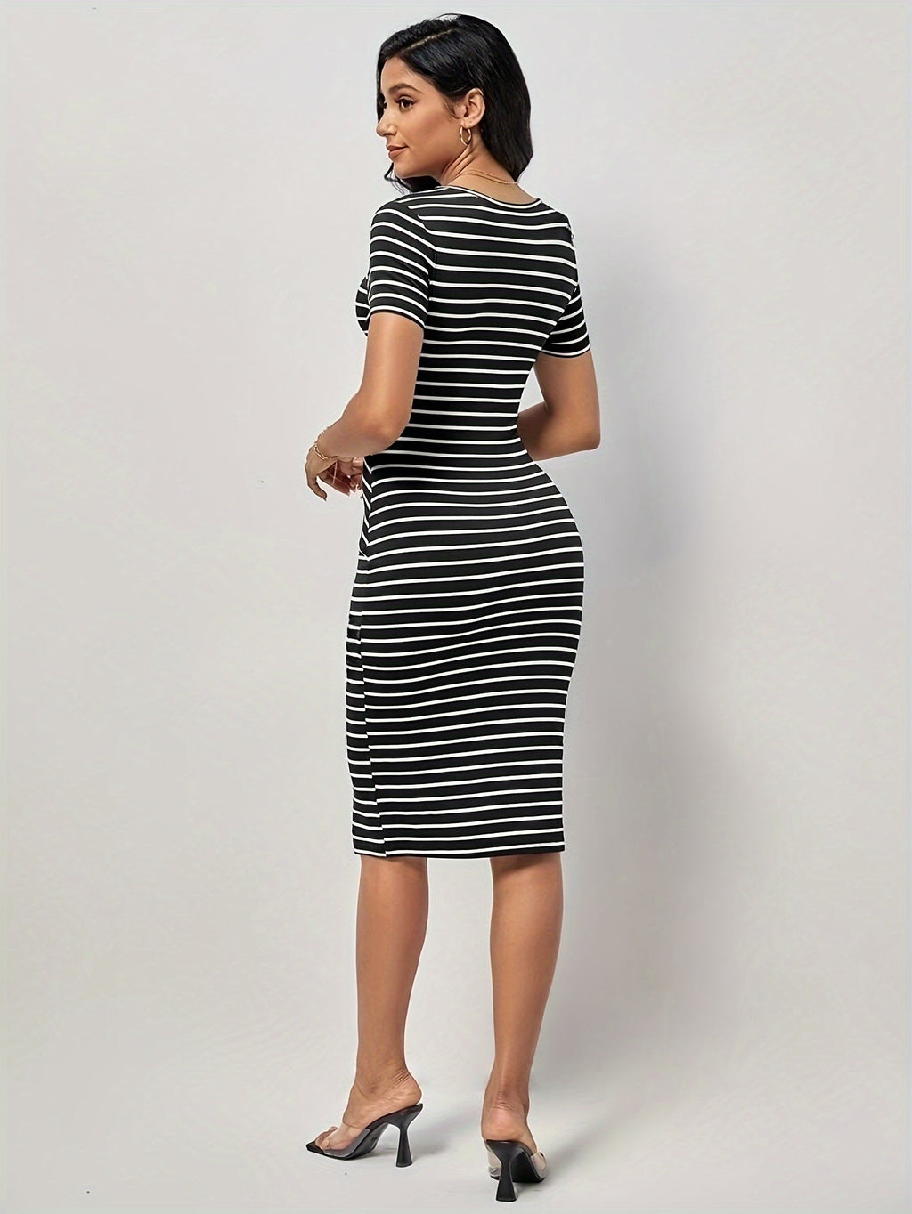 Striped Bodycon Knee Length Dress, Short Sleeve Crew Neck Elegant Dress For Summer & Spring, Women's Clothing