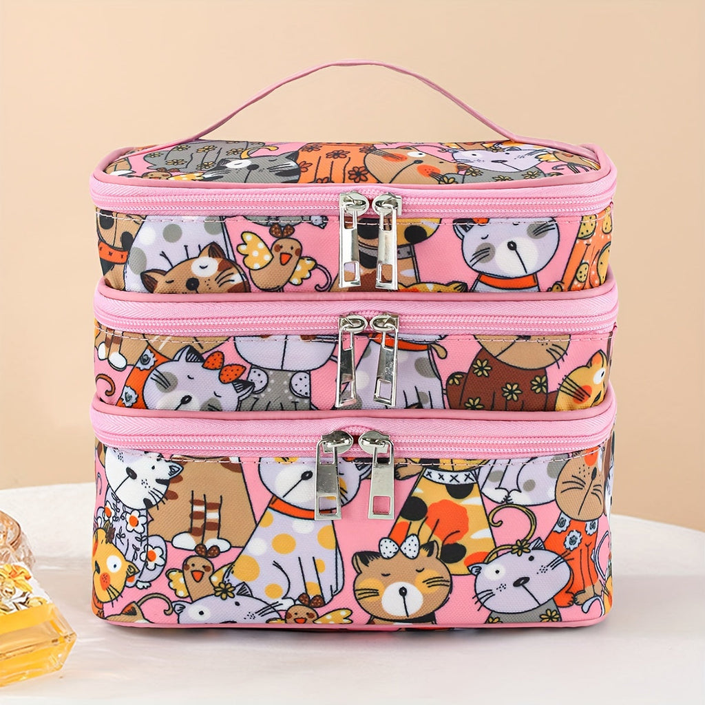 Large Capacity 3-Layer Cat Print Cosmetic Bag, Portable Multi-Functional Organizer with Convenient Carry Handle, Unscented Artificial Leather Makeup Pouch