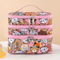 Large Capacity 3-Layer Cat Print Cosmetic Bag, Portable Multi-Functional Organizer with Convenient Carry Handle, Unscented Artificial Leather Makeup Pouch