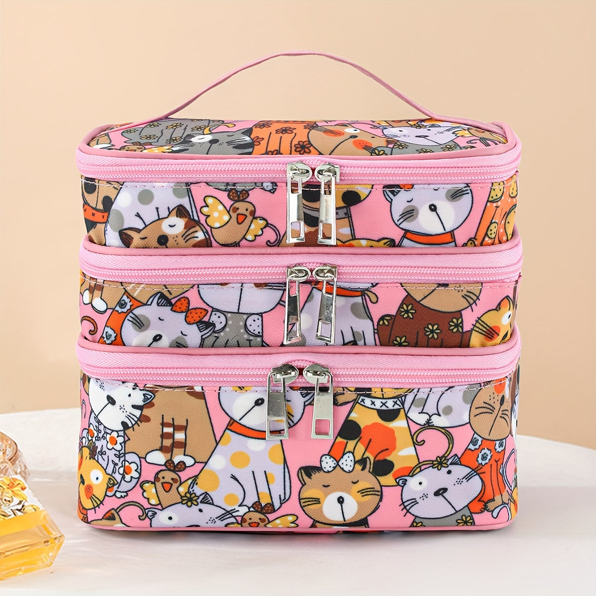 Large Capacity 3-Layer Cat Print Cosmetic Bag, Portable Multi-Functional Organizer with Convenient Carry Handle, Unscented Artificial Leather Makeup Pouch