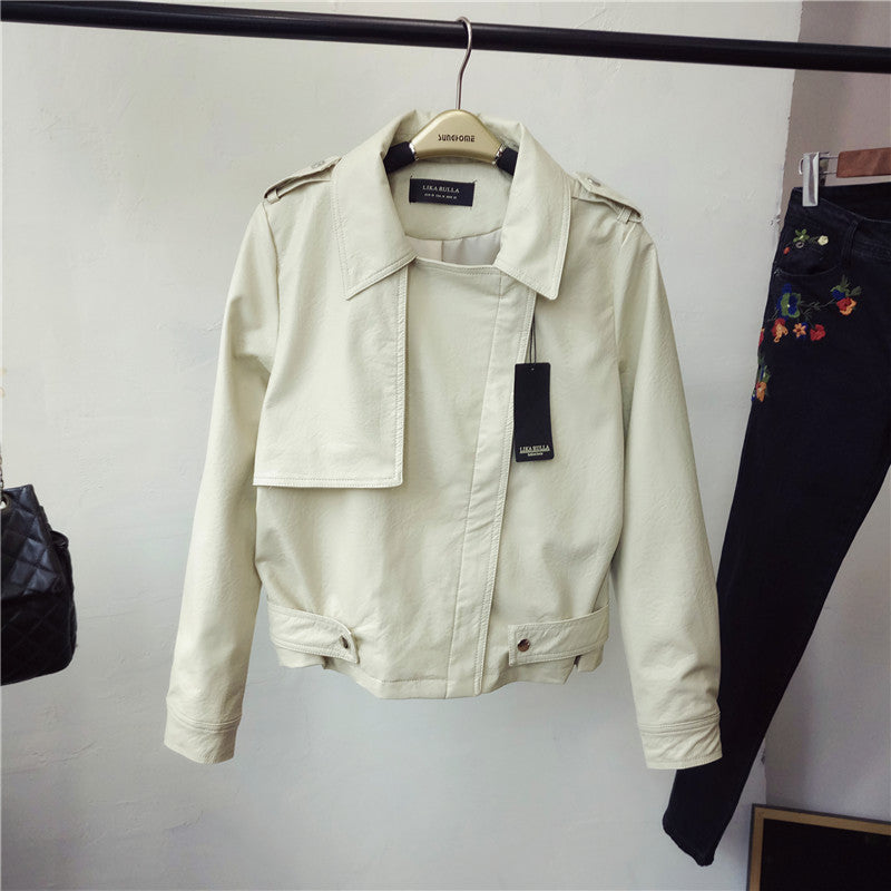 Giacca corta in pelle PU femminile Valstrend, stile slim con colletto a revers, ideale per la primavera.
