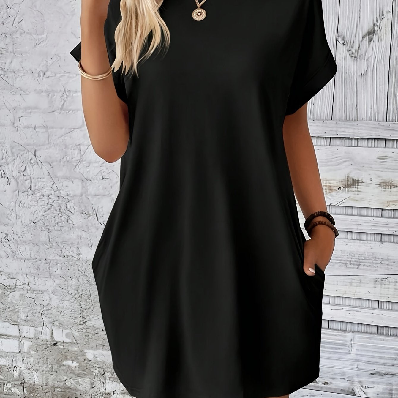 Crew Neck With Pocket Dress, Casual Short Sleeve Dress For Spring & Summer, Women's Clothing For Elegant Dressing